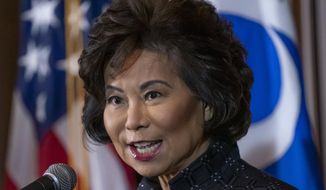 Transportation Secretary Elaine Chao speaks to reporters about President Donald Trump&#39;s decision to revoke California&#39;s authority to set auto mileage standards stricter than those issued by federal regulators, at EPA headquarters in Washington, Wednesday, Sept. 18, 2019.  (AP Photo/J. Scott Applewhite) ** FILE **