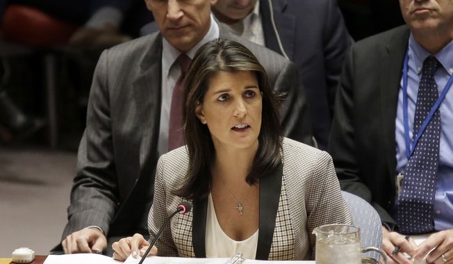 In this Monday, Nov. 26, 2018, file photo, United States Ambassador to the United Nations Nikki Haley speaks during a security council meeting about the escalating tensions between the Ukraine and Russia at United Nations headquarters. (AP Photo/Seth Wenig, File) ** FILE **