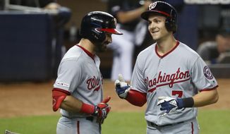 Washington Nationals&#39; Adam Eaton, left, congratulates Trea Turner after Turner hit a home run during the third inning of the team&#39;s baseball game against the Miami Marlins, Friday, Sept. 20, 2019, in Miami. (AP Photo/Wilfredo Lee) ** FILE **