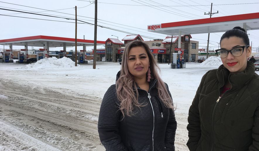 This Jan. 23, 2019 photo released by ACLU of Montana, shows Martha "Mimi" Hernandez, left, and Ana Suda in Havre, Mont. Suda, who is suing the U.S. Customs and Border Patrol after an agent questioned her and Hernandez for speaking Spanish in a convenience store says the backlash has forced them to leave their small Montana city. Suda said Friday, Sept. 20 she has been harassed by other Havre residents in stores and restaurants ever since a video of a Border Patrol agent questioning her and Hernandez was uploaded to YouTube. (Brooke Swaney/ ACLU of Montana via AP)
