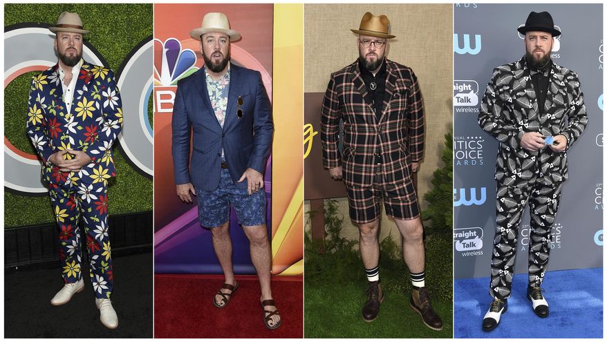This combination photo shows "This Is Us," actor Chris Sullivan at the GQ Men of the Year Party at the Chateau Marmont in Los Angeles on Dec. 7, 2017, from left, at the NBC Television Critics Association 2017 Summer Press Tour in Beverly Hills, Calif., on Aug. 3, 2017, at the Los Angeles premiere of "Camping" on Oct. 10, 2018, and at the 23rd annual Critics' Choice Awards in Santa Monica, Calif. on Jan. 11, 2018. Sullivan has donned a top hat and cane, brightly colored flowered pants and suits with flashy patterns on past red carpets. He says it’s a form of creative expression, and the notion that everyone learns lessons from failure gives him the courage to take risks. Sullivan is nominated for best supporting actor for his role as Toby. (AP Photo)
