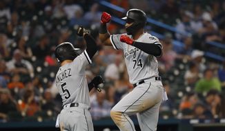 Chicago White Sox&#x27;s Eloy Jimenez (74) celebrates his grand slam with Yolmer Sanchez (5) during the fourth inning of the team&#x27;s baseball game against the Detroit Tigers in Detroit, Friday, Sept. 20, 2019. (AP Photo/Paul Sancya)
