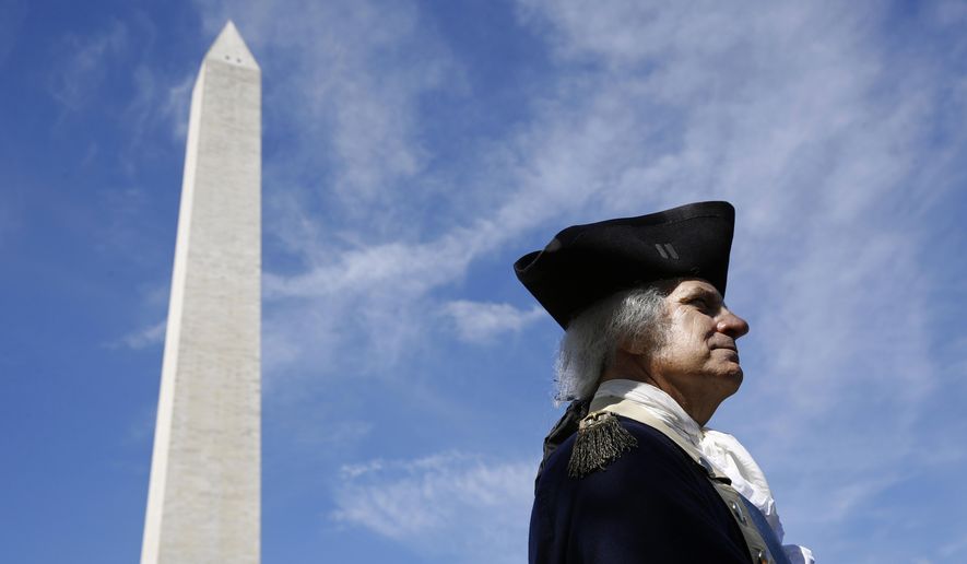 John Lopes, playing the part of President George Washington, stands near the Washington Monument following a ribbon-cutting ceremony with first lady Melania Trump to re-open the monument, Thursday, Sept. 19, 2019, in Washington. The monument has been closed to the public for renovations since August 2016. (AP Photo/Patrick Semansky)