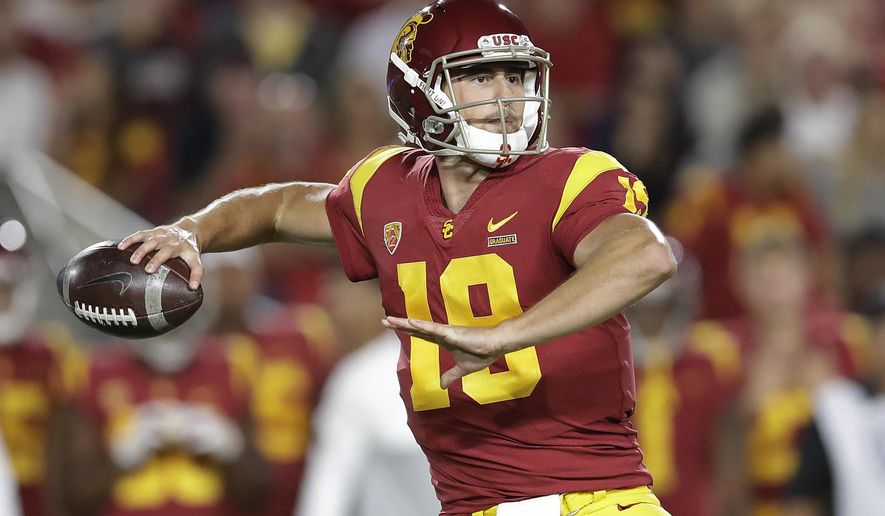 Southern California quarterback Matt Fink throws a pass against Utah during the first half of an NCAA college football game Friday, Sept. 20, 2019, in Los Angeles. (AP Photo/Marcio Jose Sanchez)