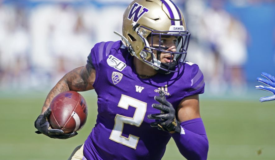 Washington wide receiver Aaron Fuller (2) runs the ball in the first half, during a game against BYU in an NCAA college football game, Saturday, Sept. 21, 2019, in Provo, Utah. (AP Photo/George Frey)