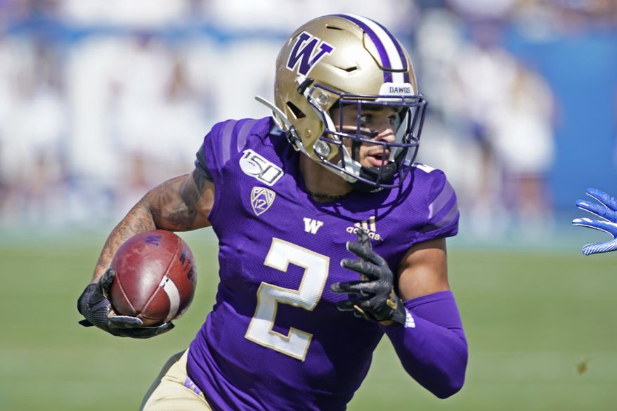 Washington wide receiver Aaron Fuller (2) runs the ball in the first half, during a game against BYU in an NCAA college football game, Saturday, Sept. 21, 2019, in Provo, Utah. (AP Photo/George Frey)