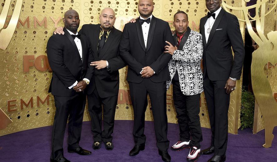 Antron McCray, from left, Raymond Santana, Kevin Richardson, Korey Wise and Yusef Salaam, of the Central Park 5, arrive at the 71st Primetime Emmy Awards on Sunday, Sept. 22, 2019, at the Microsoft Theater in Los Angeles. (Photo by Jordan Strauss/Invision/AP)