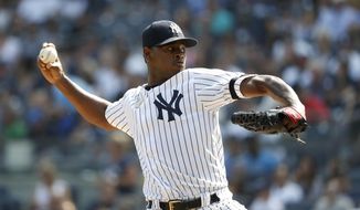 New York Yankees starting pitcher Luis Severino pitches against the Toronto Blue Jays during the first inning of a baseball game, Sunday, Sept. 22, 2019, in New York. (AP Photo/Michael Owens)