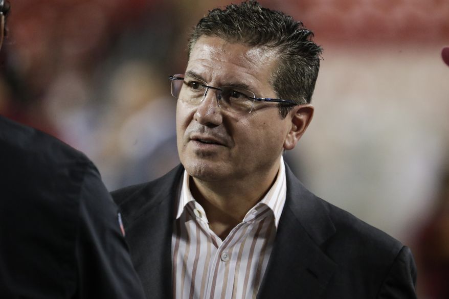 Washington Redskins owner Dan Snyder stands on the field before an NFL football game against the Chicago Bears, Monday, Sept. 23, 2019, in Landover, Md. (AP Photo/Julio Cortez) ** FILE **