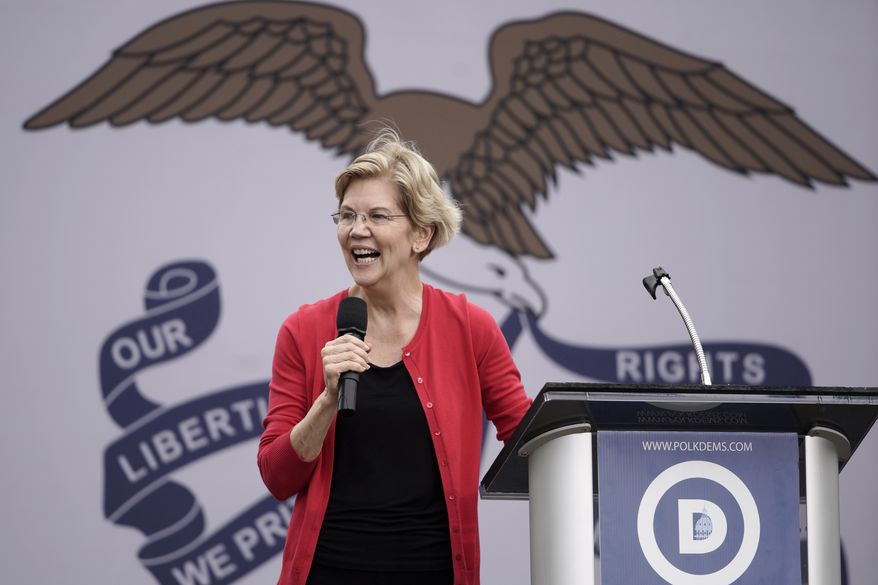 Democratic presidential candidate Sen. Elizabeth Warren, D-Mass. speaks at the Polk County Democrats Steak Fry, in Des Moines, Iowa, Saturday, Sept. 21, 2019. (AP Photo/Nati Harnik)