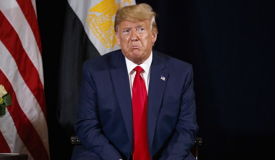 President Donald Trump speaks during a meeting with Egyptian President Abdel-Fattah el-Sisi at the InterContinental Barclay hotel during the United Nations General Assembly, Monday, Sept. 23, 2019, in New York. (AP Photo/Evan Vucci)