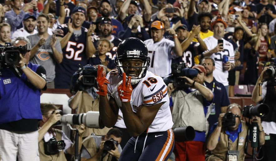 Chicago Bears wide receiver Taylor Gabriel (18) celebrates his touchdown pass during the first half of an NFL football game against the Washington Redskins, Monday, Sept. 23, 2019, in Landover, Md. (AP Photo/Patrick Semansky)