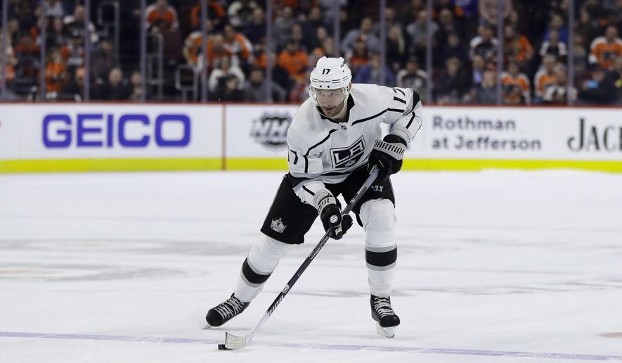FILE - In this Feb. 7, 2019, file photo, Los Angeles Kings&#x27; Ilya Kovalchuk is shown in action during an NHL hockey game against the Philadelphia Flyers, in Philadelphia. The Los Angeles Kings have a new coach with Todd McLellan, but made no significant roster additions during the offseason to a team that scored the fewest points in the Western Conference and have an aging roster with five players age 32 or older. (AP Photo/Matt Slocum, File)