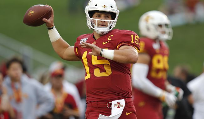 RETRANSMISSION TO CORRECT DATE - Iowa State quarterback Brock Purdy warms up before an NCAA college football game against Louisiana-Monroe, Saturday, Sept. 21, 2019 in Ames, Iowa. (AP Photo/Matthew Putney)