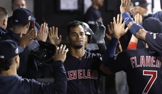 Cleveland Indians&#39; Oscar Mercado celebrates his three-run home run off Chicago White Sox relief pitcher Hector Santiago during the fifth inning of a baseball game Tuesday, Sept. 24, 2019, in Chicago. (AP Photo/Charles Rex Arbogast)