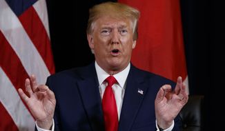 President Donald Trump speaks during a meeting with Japanese Prime Minister Shinzo Abe at the InterContinental Barclay New York hotel during the United Nations General Assembly, Wednesday, Sept. 25, 2019, in New York. (AP Photo/Evan Vucci)
