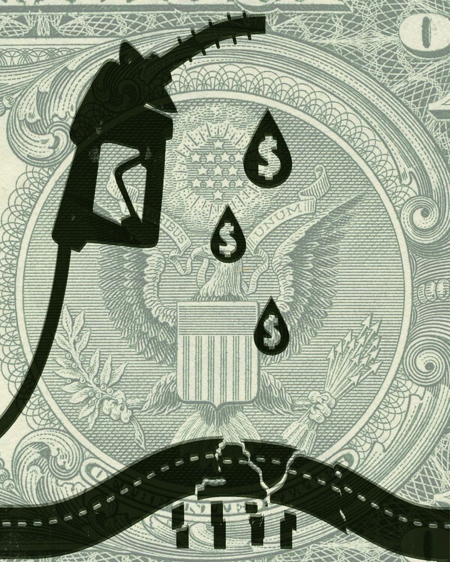 Illustration on gasoline taxes and infrastructure by Linas Garsys/The Washington Times