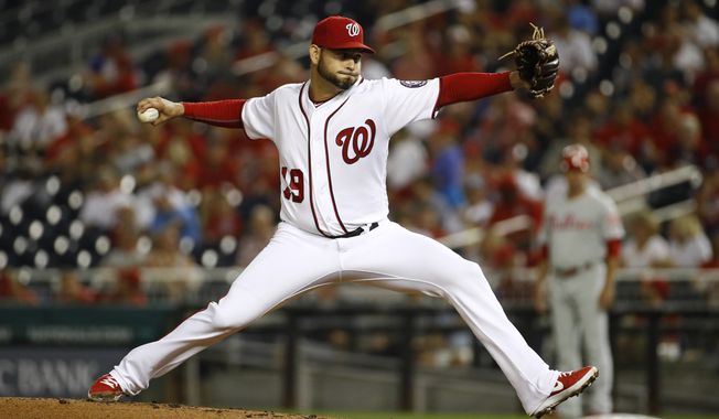 Washington Nationals starting pitcher Anibal Sanchez throws to a Philadelphia Phillies batter during the second inning of a baseball game Wednesday, Sept. 25, 2019, in Washington. (AP Photo/Patrick Semansky) ** FILE **