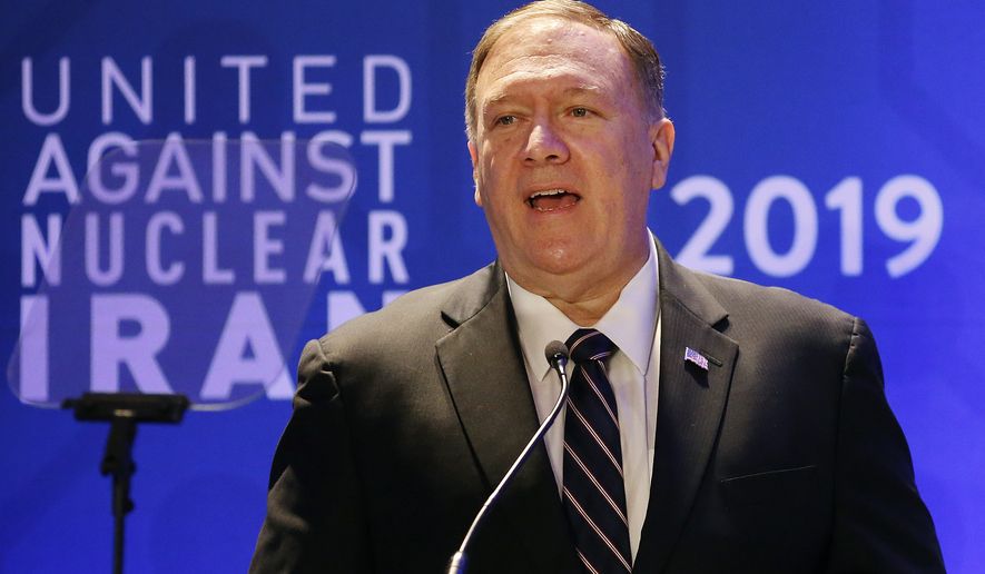 U.S. Secretary of State Mike Pompeo delivers remarks during the United Against Nuclear Iran summit, Wednesday, Sept. 25, 2019, in New York. (AP Photo/Jason DeCrow)