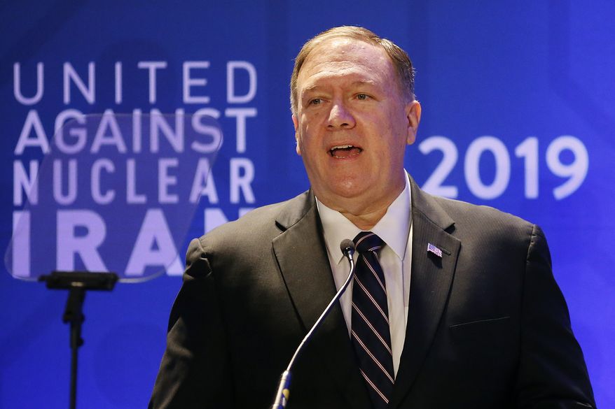U.S. Secretary of State Mike Pompeo delivers remarks during the United Against Nuclear Iran summit, Wednesday, Sept. 25, 2019, in New York. (AP Photo/Jason DeCrow)