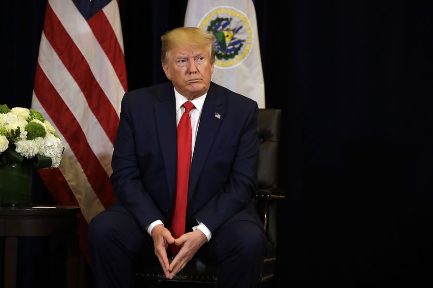 President Donald Trump meets with President Nayib Bukele of El Salvador at the InterContinental Barclay New York hotel during the United Nations General Assembly, Wednesday, Sept. 25, 2019, in New York. (AP Photo/Evan Vucci)