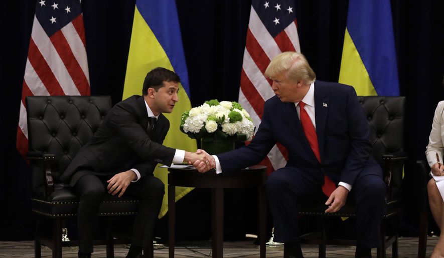 President Donald Trump meets with Ukrainian President Volodymyr Zelensky at the InterContinental Barclay New York hotel during the United Nations General Assembly, Wednesday, Sept. 25, 2019, in New York. (AP Photo/Evan Vucci) ** FILE **
