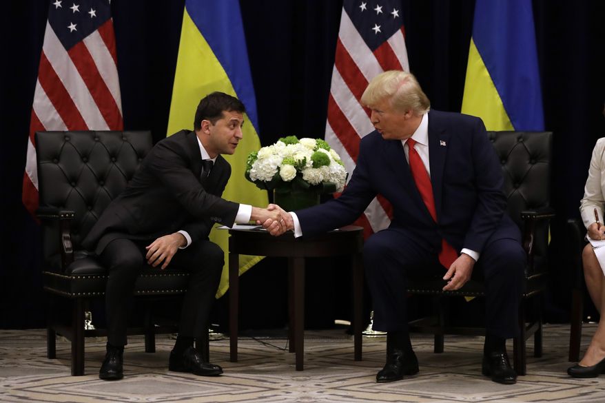 President Donald Trump meets with Ukrainian President Volodymyr Zelensky at the InterContinental Barclay New York hotel during the United Nations General Assembly, Wednesday, Sept. 25, 2019, in New York. (AP Photo/Evan Vucci) ** FILE **