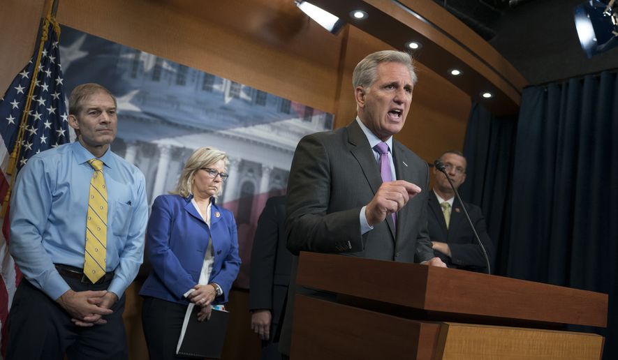 House Republican Leader Kevin McCarthy, D-Calif., joined from left by, Rep. Jim Jordan, R-Ohio, a member of the House Judiciary Committee, Republican Conference chair Rep. Liz Cheney, R-Wyo., and Rep. Doug Collins, R-Georgia, the top Republican on the House Judiciary Committee, criticizes House Speaker Nancy Pelosi, D-Calif., and the Democrats for launching a formal impeachment inquiry against President Donald Trump, at the Capitol in Washington, Wednesday, Sept. 25, 2019. (AP Photo/J. Scott Applewhite)