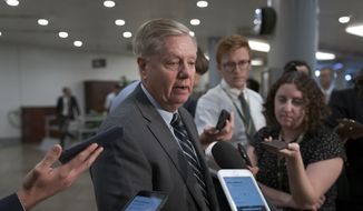 Senate Judiciary Committee Chairman Lindsey Graham, R-S.C., takes questions from reporters at the Capitol in Washington, Wednesday, Sept. 25, 2019. (AP Photo/J. Scott Applewhite) ** FILE **