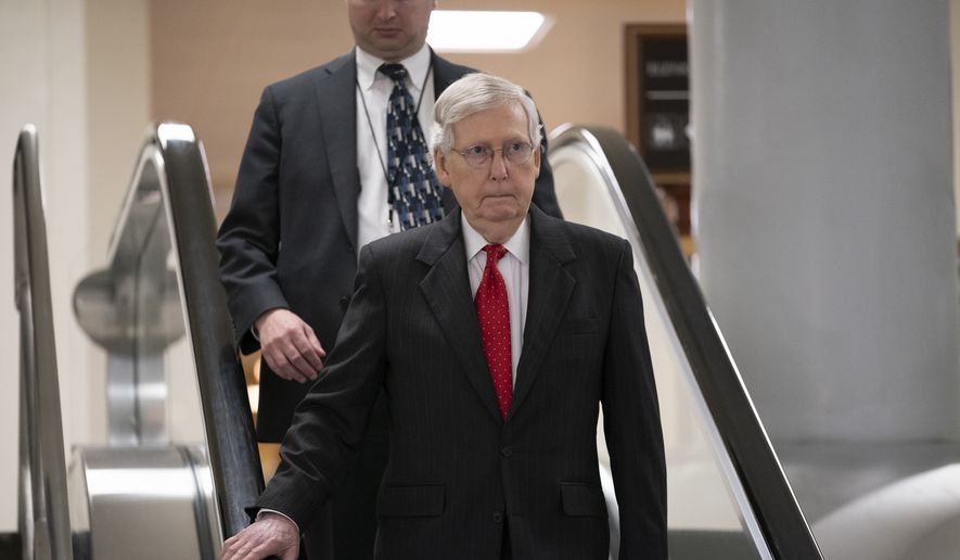 Senate Majority Leader Mitch McConnell, R-Ky., and other senators walk to a closed-door security briefing on Iran, at the Capitol in Washington, Wednesday, Sept. 25, 2019. (AP Photo/J. Scott Applewhite)