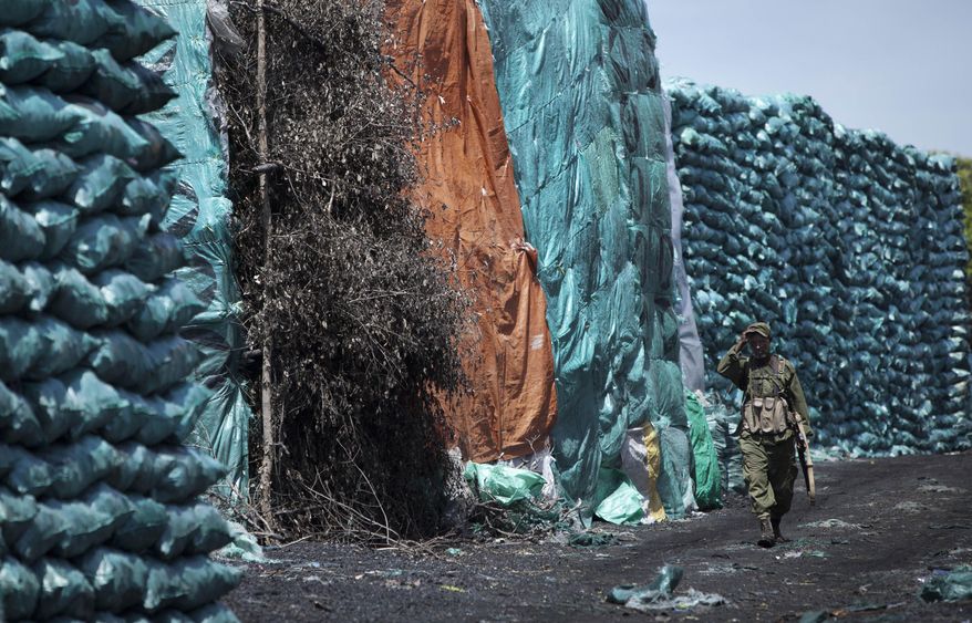FILE - In this Wednesday, Dec. 14, 2011 file photo, a member of a pro-government Somali militia walks amongst piles of locally-produced charcoal, in the seaside town of Bur Garbo, Somalia. Fires in Brazil's Amazon rainforest have underscored the challenges of conserving the Earth's remaining forest cover but the world's poorest continent, home to over 1.2 billion people, has long struggled to protect its forests amid demand for plant-based energy sources seen by many as cheap, such as charcoal or firewood. (AP Photo/Ben Curtis, File)