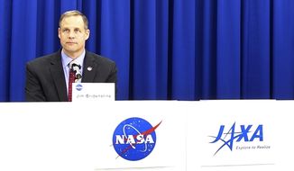 NASA administrator Jim Bridenstine attends a press conference at the Japan Aerospace Exploration Agency (JAXA) headquarters in Tokyo Wednesday, Sept. 25, 2019. Bridenstine said space security is necessary so that the United States, Japan and other allies can safely explore the moon and Mars explorations. Bridenstine said NASA said that gadgets using the space technology have become indispensable part of the people’s lives and its safety must be preserved. (AP Photo/Mari Yamaguchi)