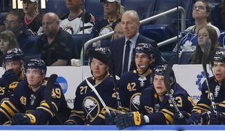 Buffalo Sabres coach Ralph Krueger watches during the third period of the team&#39;s NHL preseason hockey game against the Toronto Maple Leafs, Saturday, Sept. 21, 2019, in Buffalo, N.Y. (AP Photo/Jeffrey T. Barnes)