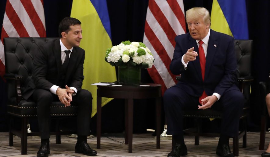 President Donald Trump meets with Ukrainian President Volodymyr Zelenskiy at the InterContinental Barclay New York hotel during the United Nations General Assembly on Sept. 25, 2019. (Associated Press) **FILE**