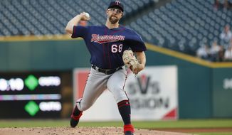 Minnesota Twins pitcher Randy Dobnak throws against the Detroit Tigers in the first inning of a baseball game in Detroit, Wednesday, Sept. 25, 2019. (AP Photo/Paul Sancya)