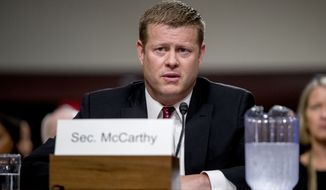 In this file photo, Ryan McCarthy, at the time nominated to be Secretary of the Army, speaks during his Senate Armed Services Committee confirmation hearing, Thursday, Sept. 12, 2019, in Washington. (AP Photo/Andrew Harnik)  **FILE**
