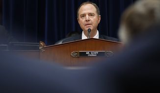 House Intelligence Committee Chairman Rep. Adam Schiff, D-Calif., questions Acting Director of National Intelligence Joseph Maguire,as he testifies before the House Intelligence Committee on Capitol Hill in Washington, Thursday, Sept. 26, 2019. (AP Photo/Pablo Martinez Monsivais)