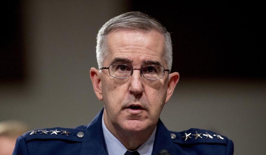 In this April 11, 2019, photo, then-U.S. Strategic Command Commander Gen. John Hyten testifies before a Senate Armed Services Committee hearing on Capitol Hill in Washington. The Senate has confirmed the nomination of Hyten to become the vice chairman of the Joint Chiefs of Staff. (AP Photo/Andrew Harnik) **FILE**
