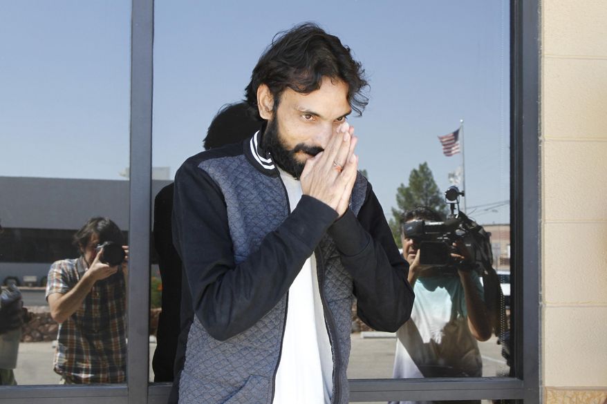Ajay Kumar, 33, greets reporters and supporters after being released on bond from Immigrations and Customs Enforcement in El Paso, Texas, Thursday, Sept. 26, 2019. Kumar went on a hunger strike for more than 70 days in July to protest his detention since August of 2018, enduring painful forced feeding through a tube in his nose. Kumar, from India, was initially denied an application for political asylum and ordered deported and is appealing the ruling. (AP Photo/Cedar Attanasio)