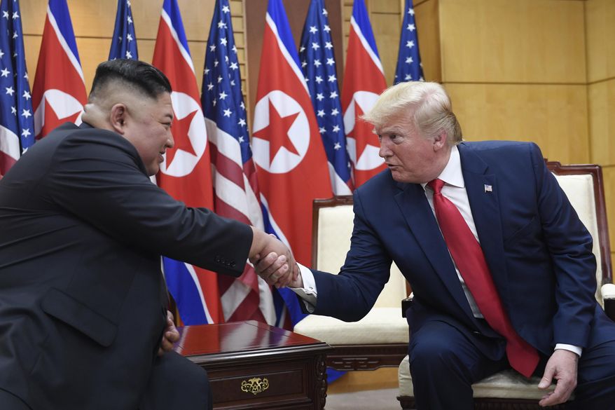 In this June 30, 2019, file photo, U.S. President Donald Trump, right, meets with North Korean leader Kim Jong-un at the border village of Panmunjom in the Demilitarized Zone, South Korea. North Korea on Friday, Sept. 27, 2019, says it wants Trump to make a &amp;quot;wise option and bold decision&amp;quot; to produce a breakthrough in stalled nuclear diplomacy. (AP Photo/Susan Walsh, File)