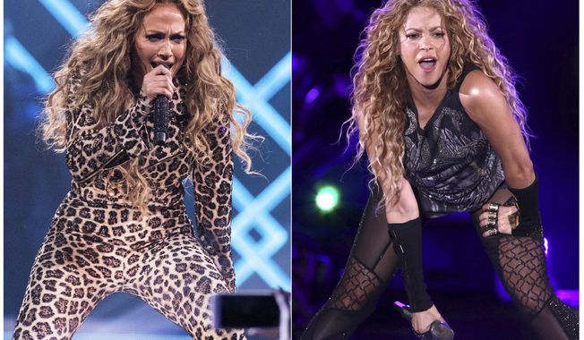 This combination photo shows actress-singer Jennifer Lopez performing at the Directv Super Saturday Night in Minneapolis on Feb. 3, 2018, left, and Shakira performing at Madison Square Garden in New York on Aug. 10, 2018. The NFL, Pepsi and Roc Nation announced Thursday, Sept. 26, 2019, that Lopez and Shakira will perform at the 2020 Pepsi Super Bowl Halftime Show on Feb. 2, 2020 at Hard Rock Stadium in Miami Gardens, Fla. (Photo by Michael Zorn/Invision/AP)