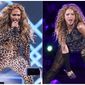 This combination photo shows actress-singer Jennifer Lopez performing at the Directv Super Saturday Night in Minneapolis on Feb. 3, 2018, left, and Shakira performing at Madison Square Garden in New York on Aug. 10, 2018. The NFL, Pepsi and Roc Nation announced Thursday, Sept. 26, 2019, that Lopez and Shakira will perform at the 2020 Pepsi Super Bowl Halftime Show on Feb. 2, 2020 at Hard Rock Stadium in Miami Gardens, Fla. (Photo by Michael Zorn/Invision/AP)