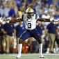 Navy special teams defender Cameron Kinley celebrates a missed field goal by Memphis during an NCAA college football game in Memphis, Tenn., Thursday, Sept. 26, 2019. (Joe Rondone/The Commercial Appeal via AP) **FILE**
