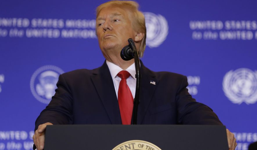 President Donald Trump speaks during a news conference at the InterContinental Barclay New York hotel during the United Nations General Assembly, Wednesday, Sept. 25, 2019, in New York.  (AP Photo/Evan Vucci)