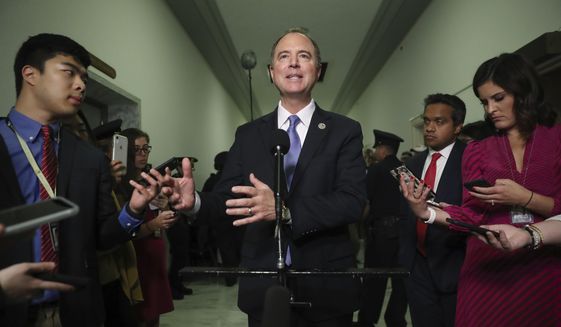 Chairman Rep. Adam Schiff, D-Calif., talks to the media after Acting Director of National Intelligence Joseph Maguire testified before the House Intelligence Committee on Capitol Hill in Washington, Thursday, Sept. 26, 2019. (AP Photo/Andrew Harnik)