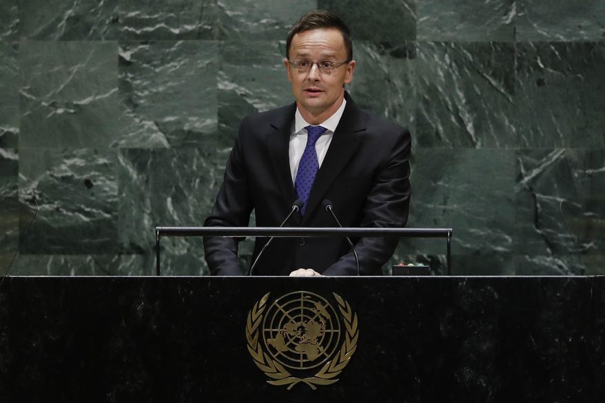 Hungarian Minister of Foreign Affairs and Trade Peter Szijjarto addresses the 74th session of the United Nations General Assembly, Thursday, Sept. 26, 2019, at the U.N. headquarters. (AP Photo/Frank Franklin II)  **FILE**