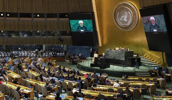 Iran&#39;s President Hassan Rouhani addresses the 74th session of the United Nations General Assembly, Wednesday, Sept. 25, 2019. (AP Photo/Craig Ruttle)