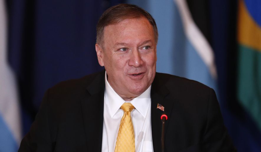 U.S. Secretary of State Mike Pompeo speaks during an event hosted by the Department of State's Energy Resources Governance Initiative in New York, Thursday, Sept. 26, 2019. (AP Photo/Seth Wenig)