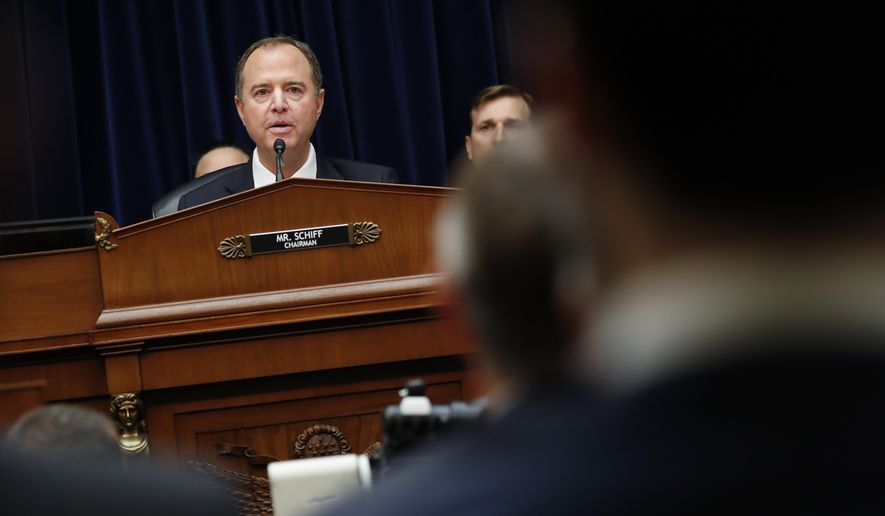 Chairman Rep. Adam Schiff, D-Calif., speaking during testimony by Acting Director of National Intelligence Joseph Maguire before the House Intelligence Committee on Capitol Hill in Washington, Thursday, Sept. 26, 2019. (AP Photo/Pablo Martinez Monsivais)