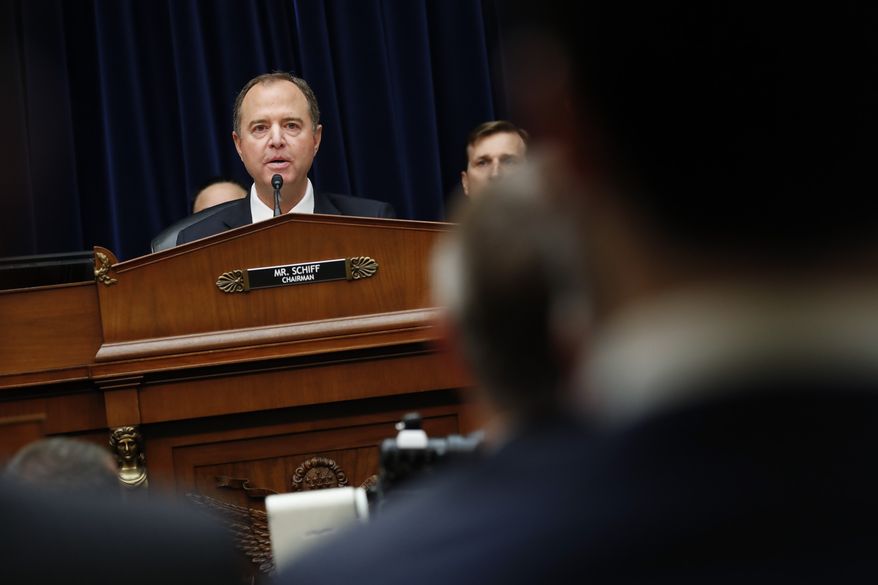 Chairman Rep. Adam Schiff, D-Calif., speaking during testimony by Acting Director of National Intelligence Joseph Maguire before the House Intelligence Committee on Capitol Hill in Washington, Thursday, Sept. 26, 2019. (AP Photo/Pablo Martinez Monsivais)